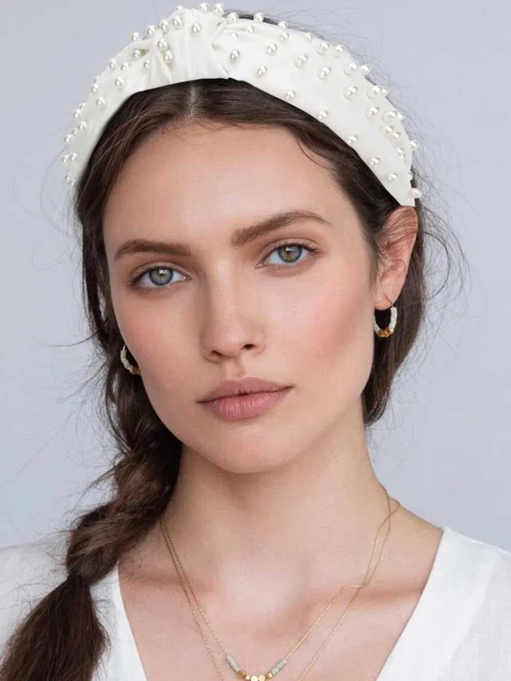 Pearl Embellished Knotted Headband for Women & Girls - Wide Faux Leather White H